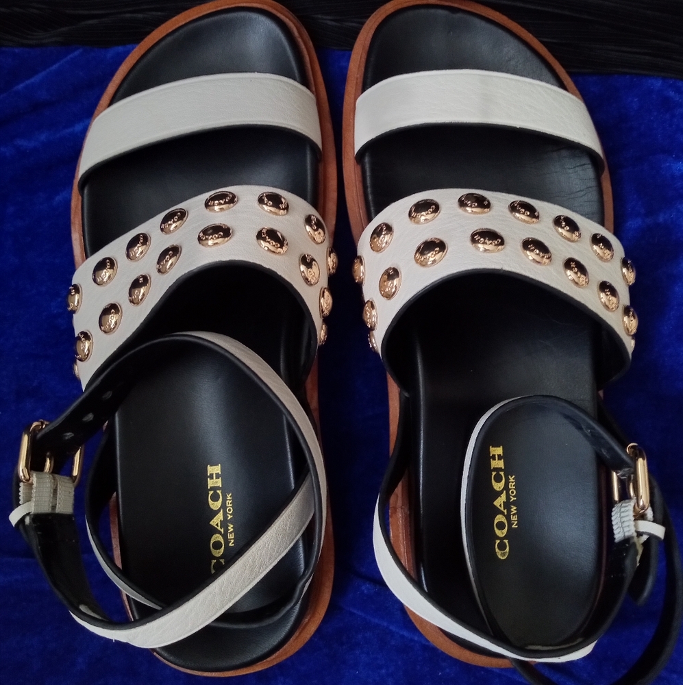 Coach Black and White Sandals with Gold Accents